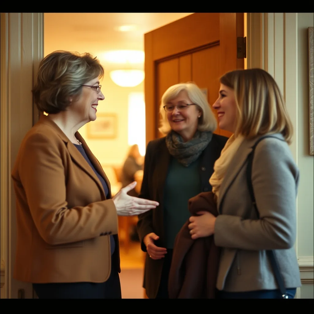 A member welcoming a visitor at the door